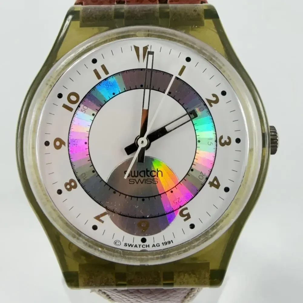 Vintage Swatch Mens Watch Orly GM110 34mm White Dial Brown Leather Strap Swiss